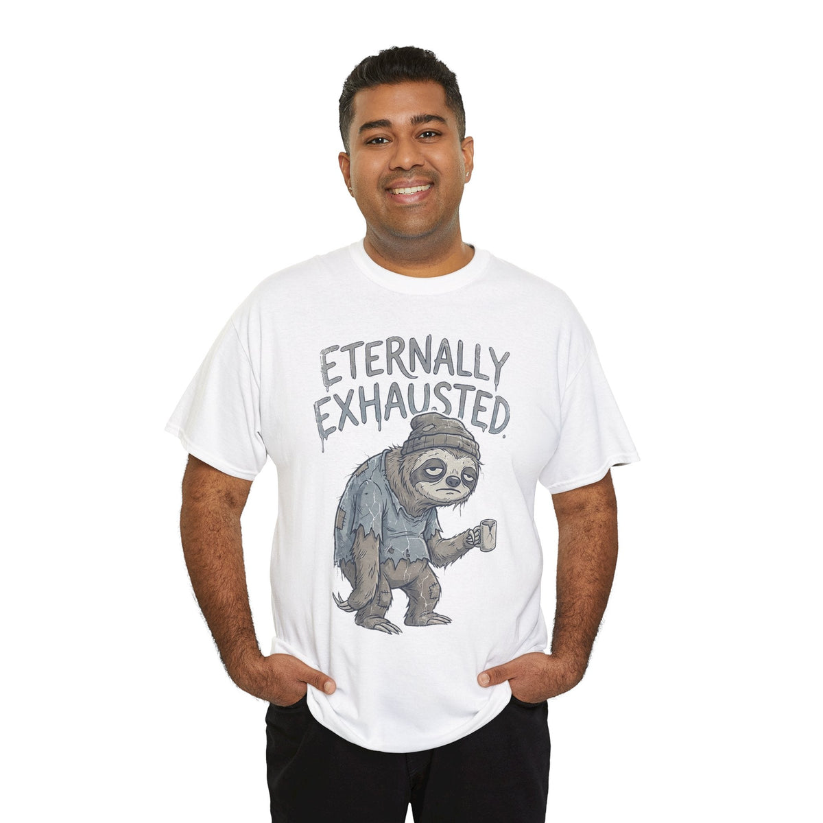 T-Shirt — 'Eternally Exhausted' Sloth Graphic Tee (Funny Coffee Lover Gift)