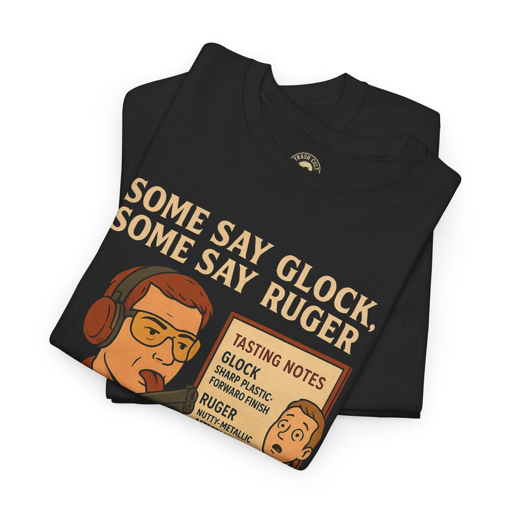 Glock vs Ruger Mouthfeel Shirt – Funny Gun Show Parody Tee | Dark Humor Firearm Tasting Notes Shirt
