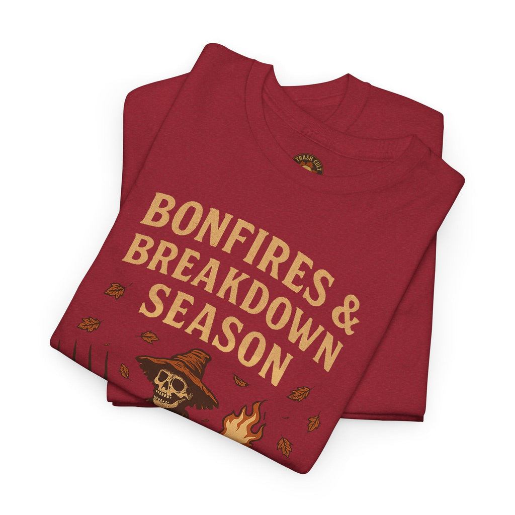 Bonfires & Breakdown Season Shirt – Skeleton Couch Chaos Tee – Fall of Humanity Collection – Trash Cult Supply Co.