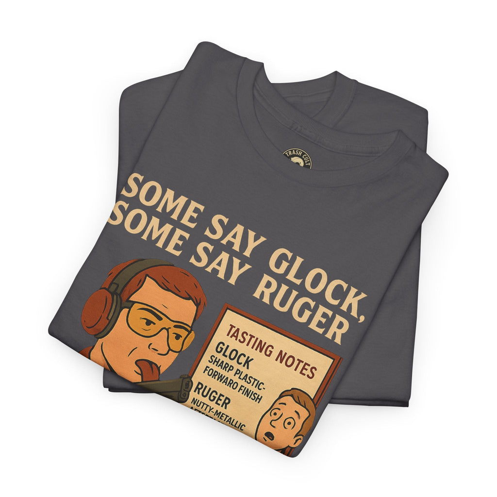 Glock vs Ruger Mouthfeel Shirt – Funny Gun Show Parody Tee | Dark Humor Firearm Tasting Notes Shirt