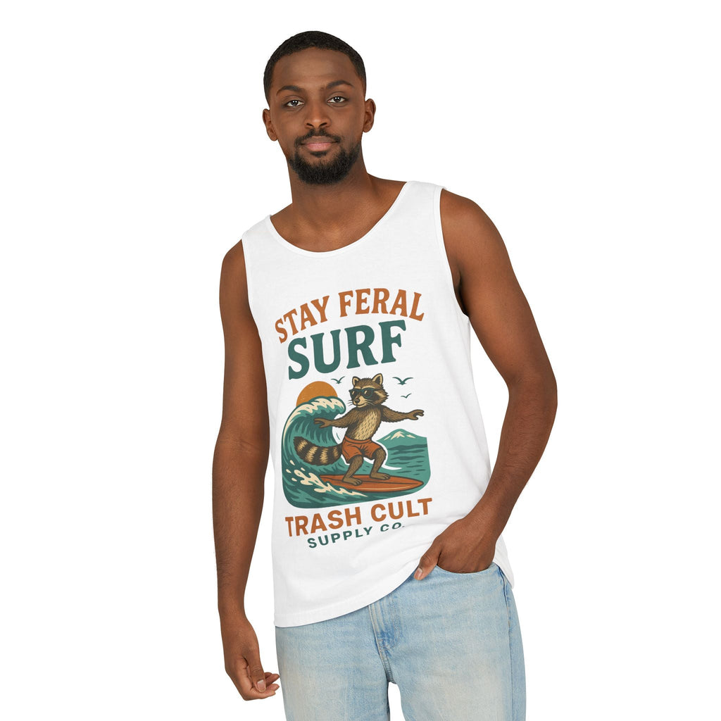 Stay Feral Surf Tank Top – Retro Raccoon Beach Tank – Trash Cult Supply Co – Comfort Colors 9360