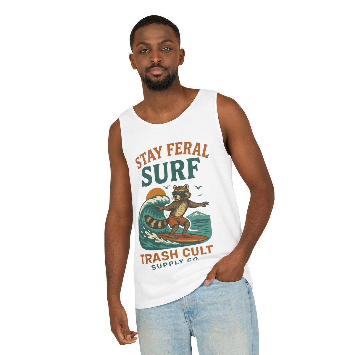 Stay Feral Surf Tank Top – Retro Raccoon Beach Tank – Trash Cult Supply Co – Comfort Colors 9360