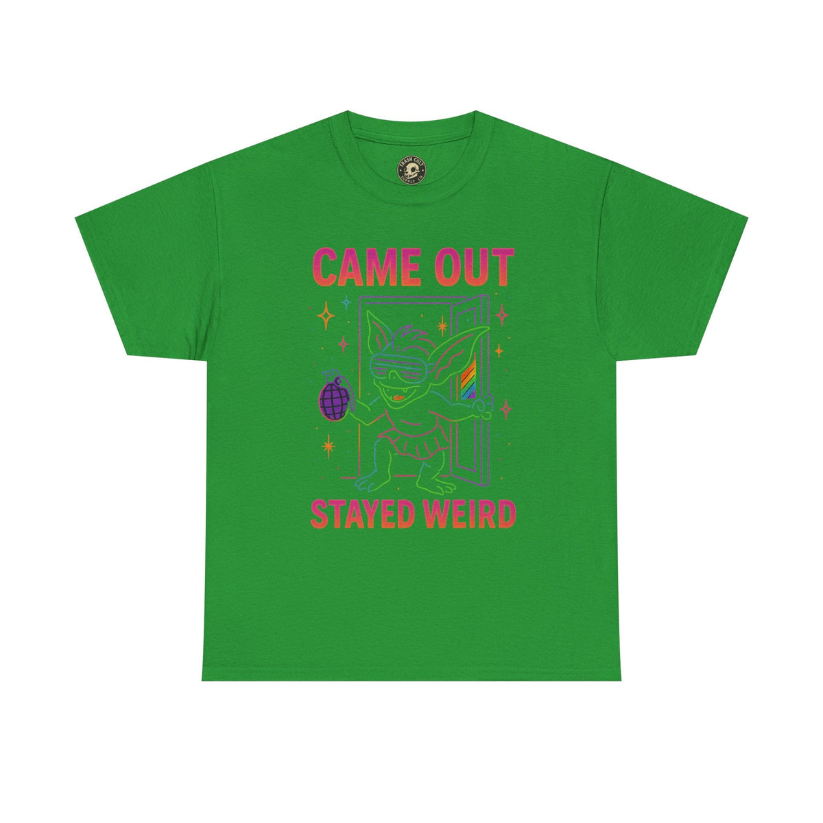 Came Out, Stayed Weird – Neon Gremlin Pride T-Shirt | Gildan Unisex Heavy Cotton Tee | LGBTQ+ Graphic Shirt