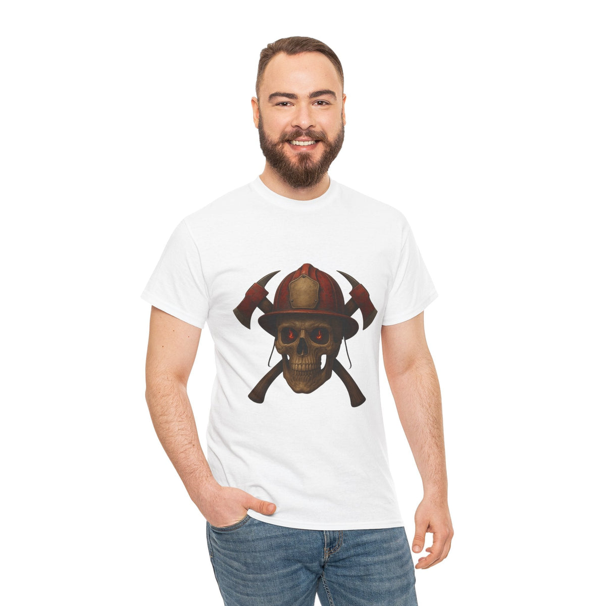 Skull Firefighter Tee, Unisex Heavy Cotton Shirt, Firefighter Gift, Halloween Costume T-Shirt, Unique Graphic Tee, Casual Wear