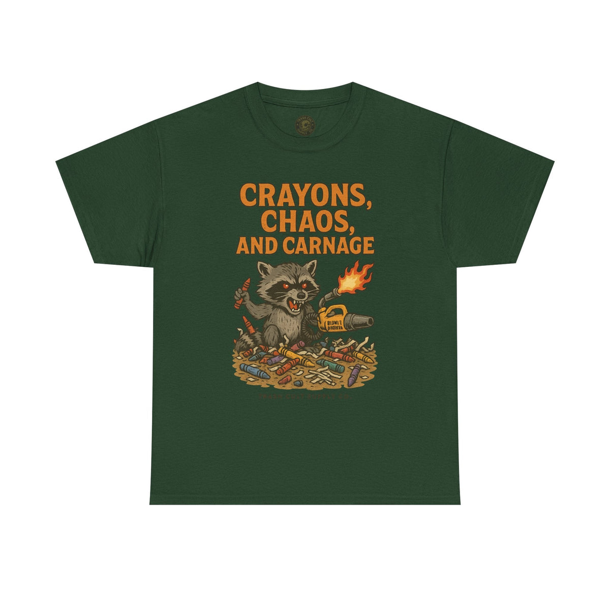 Crayons, Chaos, and Carnage T-Shirt – Dark Humor Raccoon Graphic | Trash Cult Supply Co. | Gildan 5000 Tee