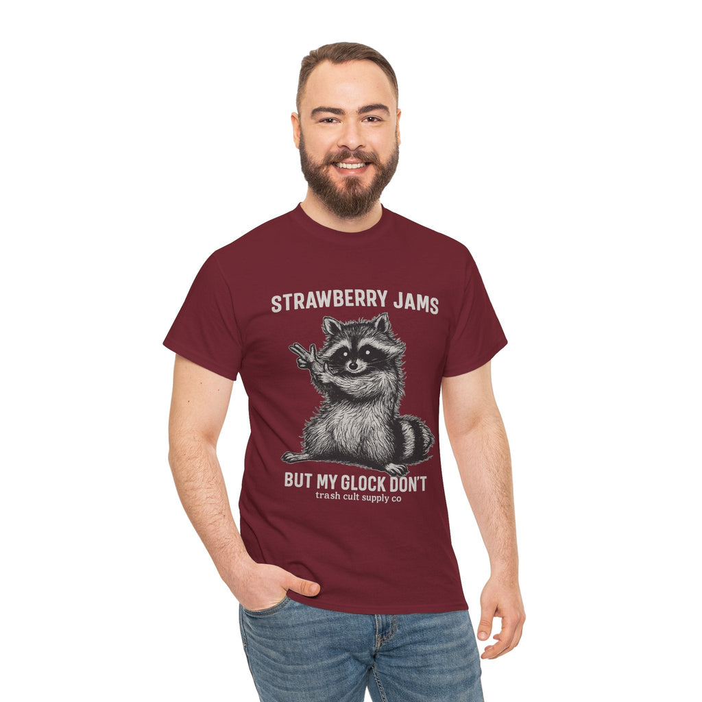 Strawberry Jams But My Glock Don’t Raccoon Shirt – Trash Cult Supply Co. Gildan 5000 Tee