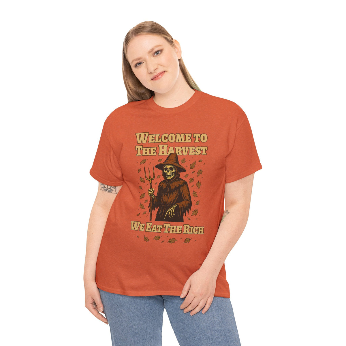 Eat the Rich Shirt – Welcome to the Harvest Skeleton Scarecrow Tee – Fall of Humanity Collection – Trash Cult Supply Co.