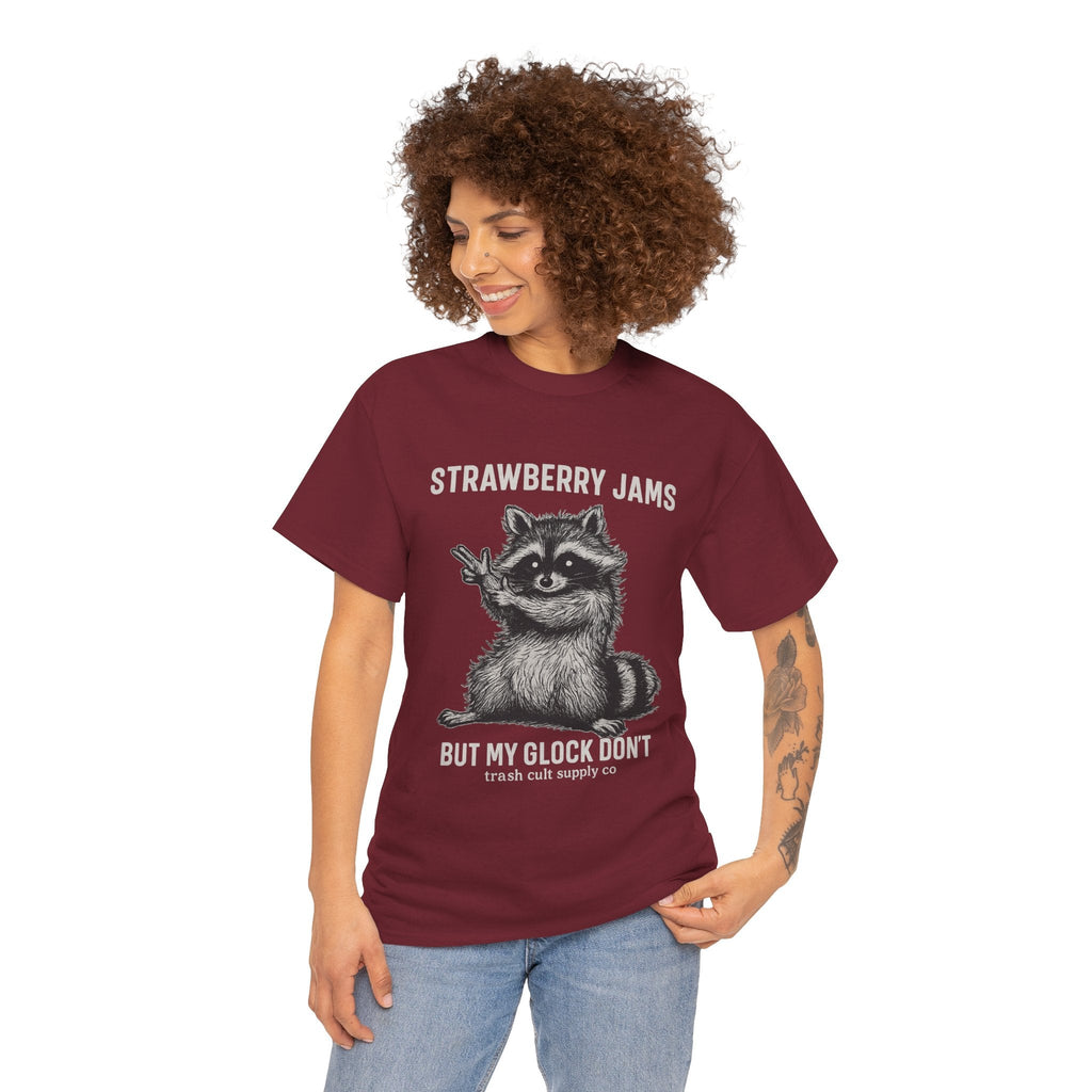 Strawberry Jams But My Glock Don’t Raccoon Shirt – Trash Cult Supply Co. Gildan 5000 Tee
