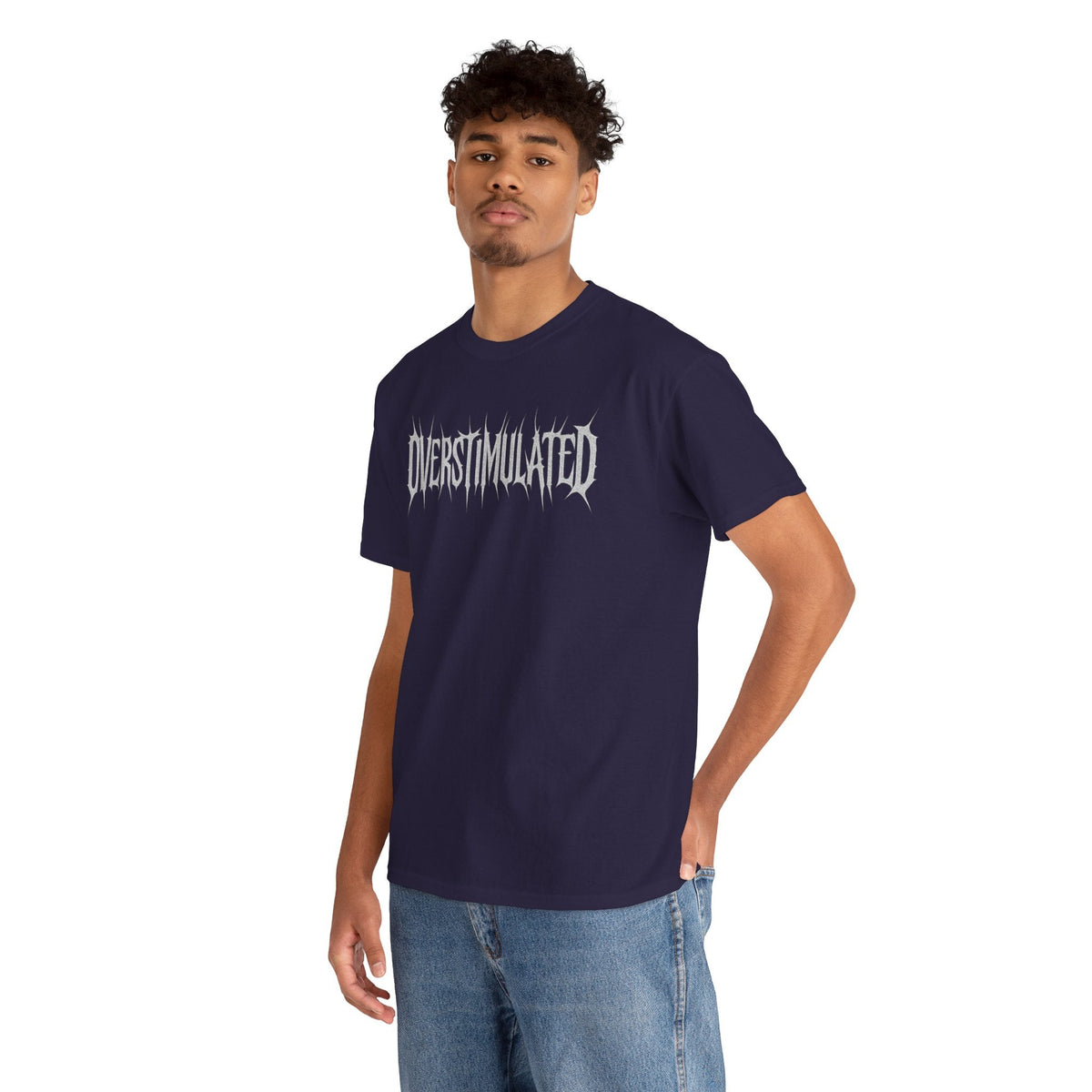 OVERSTIMULATED Metalcore Grunge Shirt – White on Black Distressed Font Tee