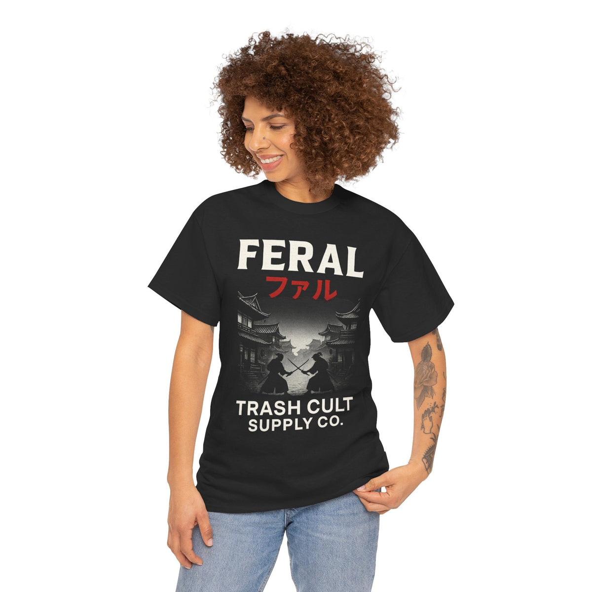 FERAL Samurai Shirt – Japanese Village & Warrior Graphic | Trash Cult Supply Co | Gildan 5000 Tee