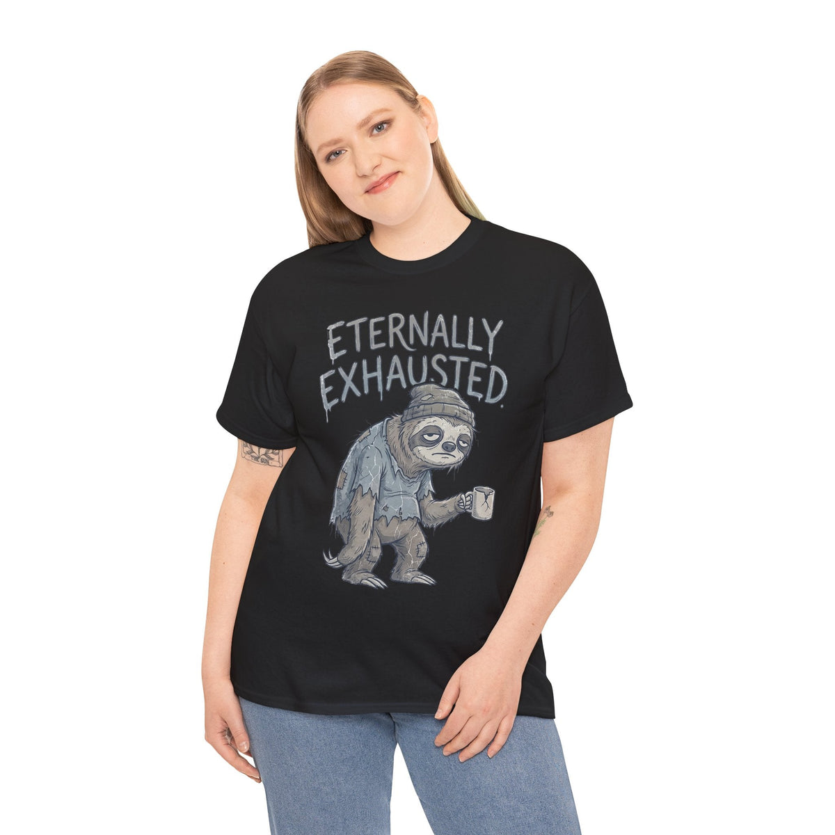 T-Shirt — 'Eternally Exhausted' Sloth Graphic Tee (Funny Coffee Lover Gift)