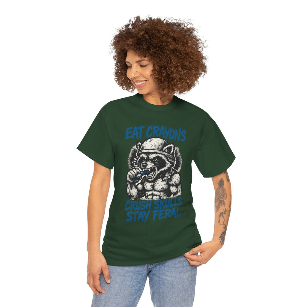 Eat Crayons Crush Skulls Stay Feral Military Raccoon Shirt – Gildan 5000