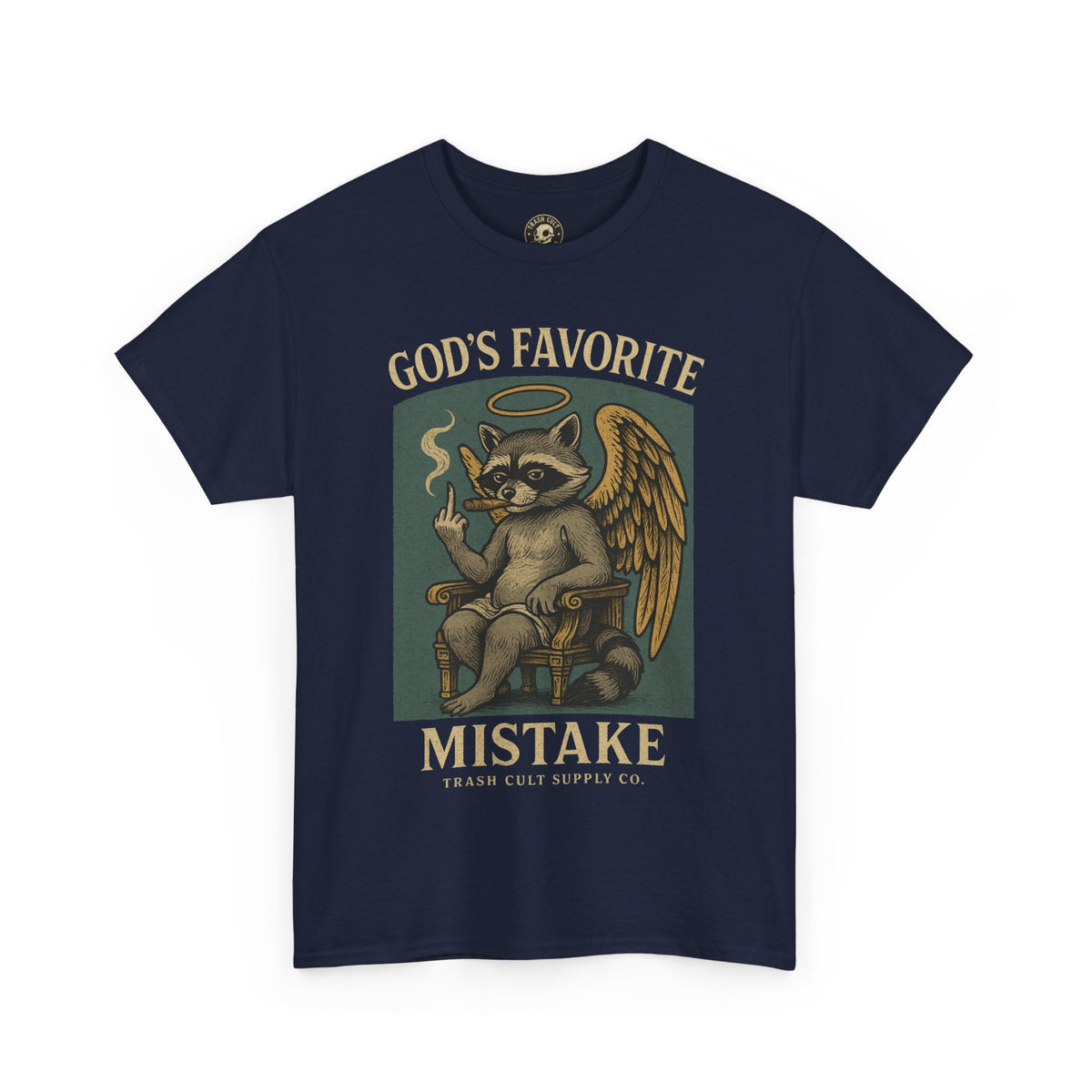 God’s Favorite Mistake Shirt – Raccoon Angel Flipping the Bird by Trash Cult Supply Co.