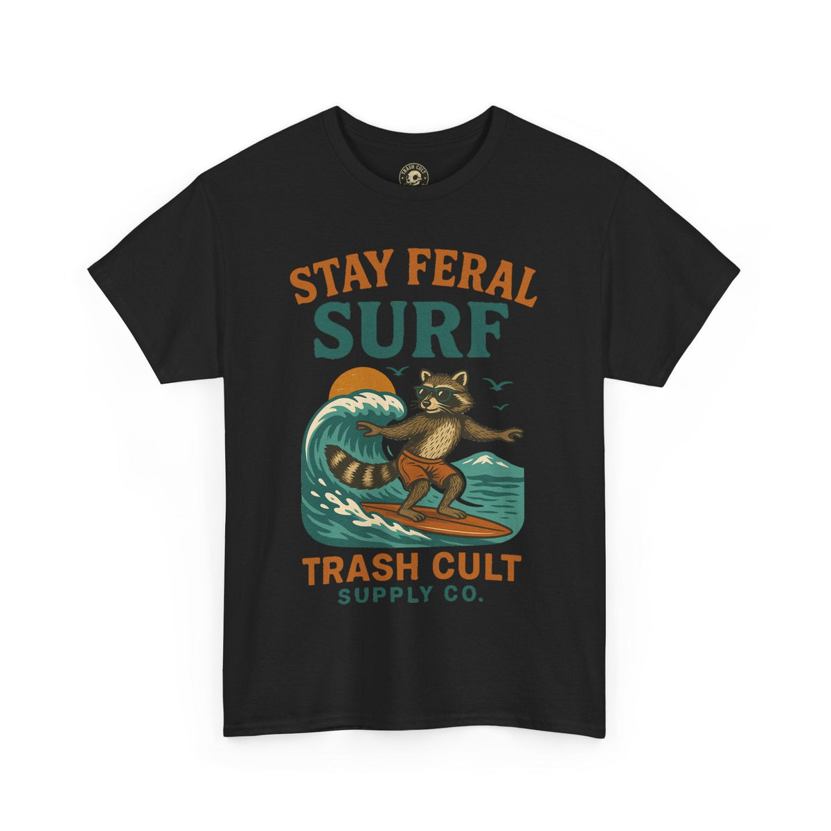 Stay Feral Surf Shirt – Retro Raccoon Beach Tee – Trash Cult Supply Co – Gildan 5000