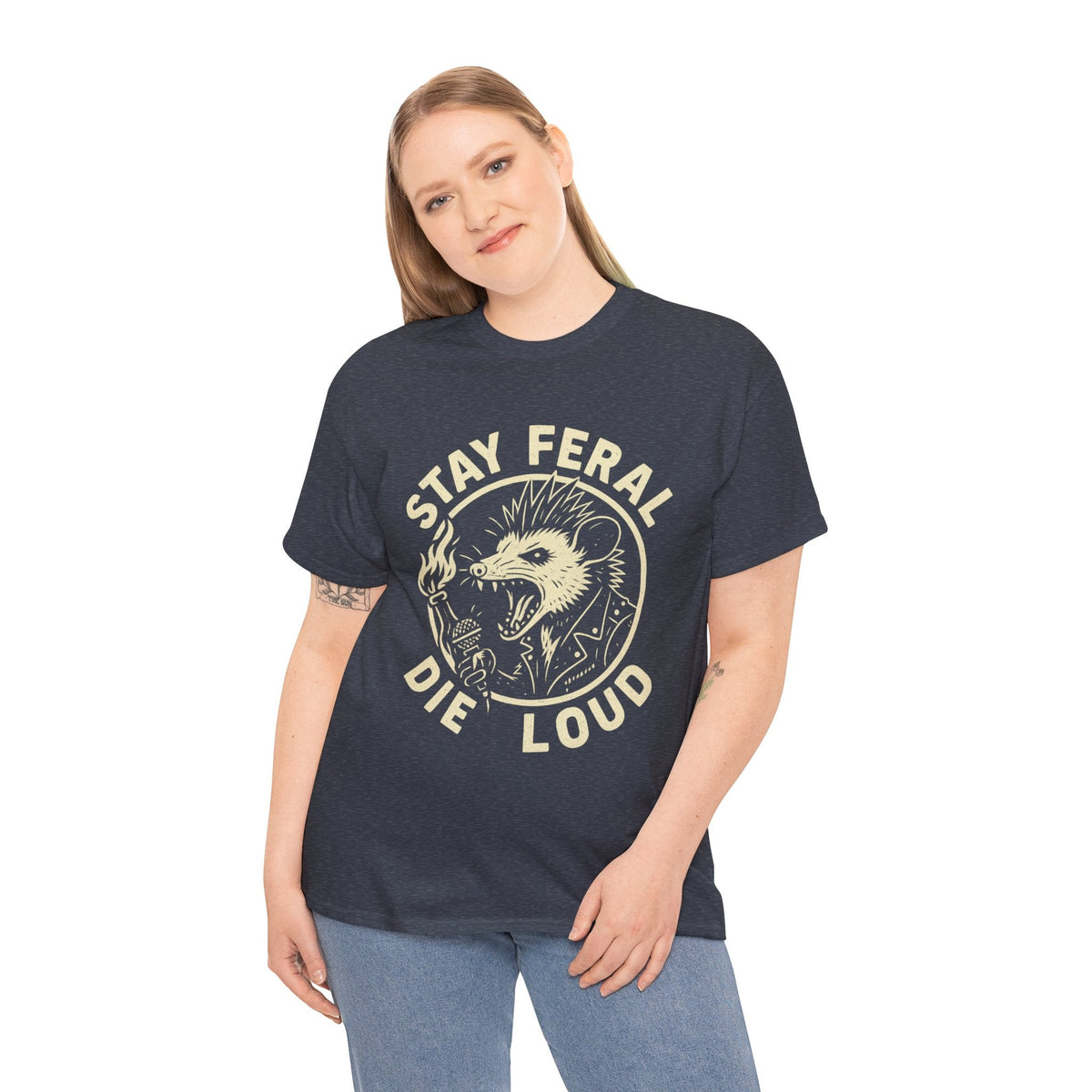Stay Feral Die Loud Possum Punk Shirt – Trash Cult Supply Co – Gildan 5000 T-Shirt