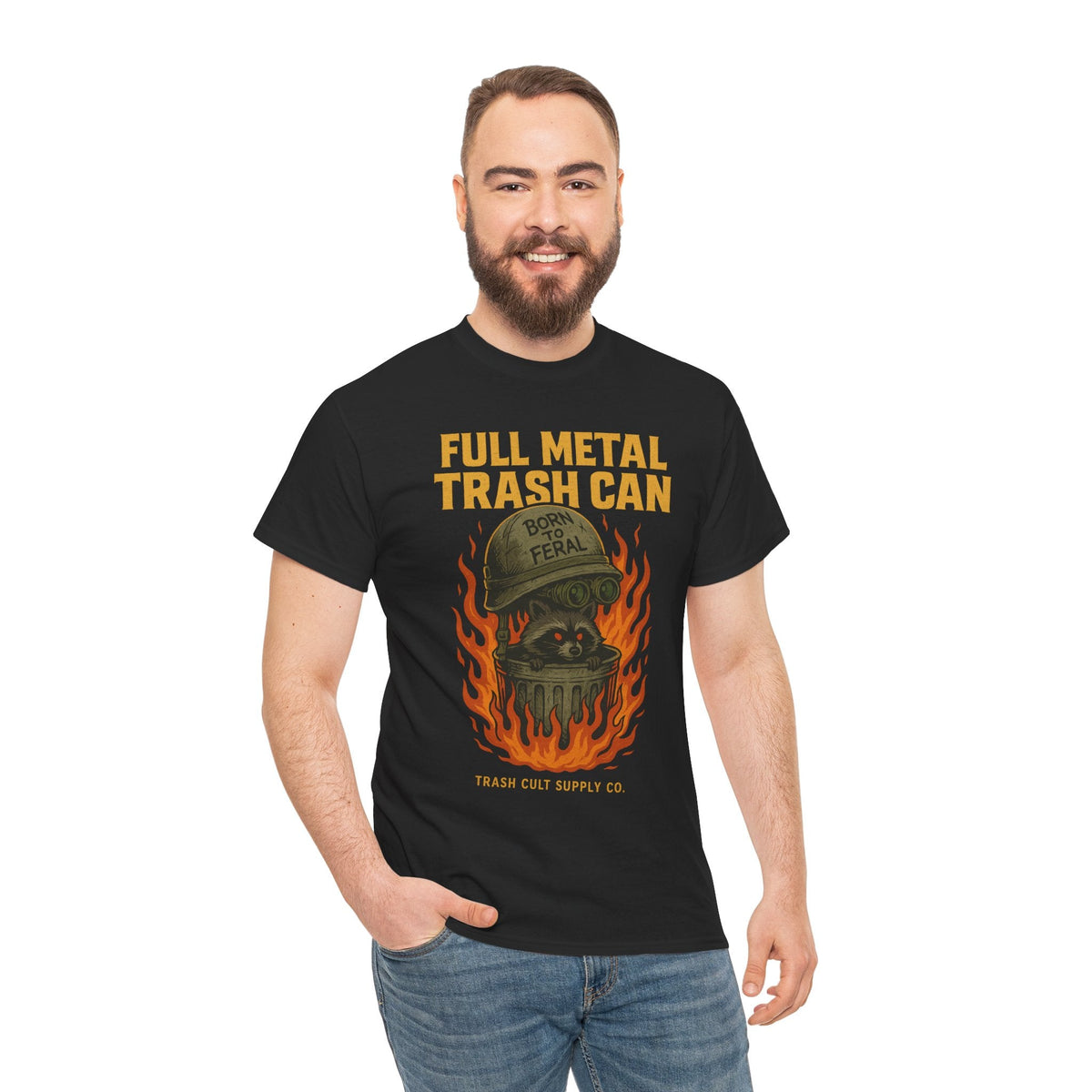 Full Metal Trash Can T-Shirt – Born to Feral Raccoon Graphic | Trash Cult Supply Co. | Gildan 5000 Tee