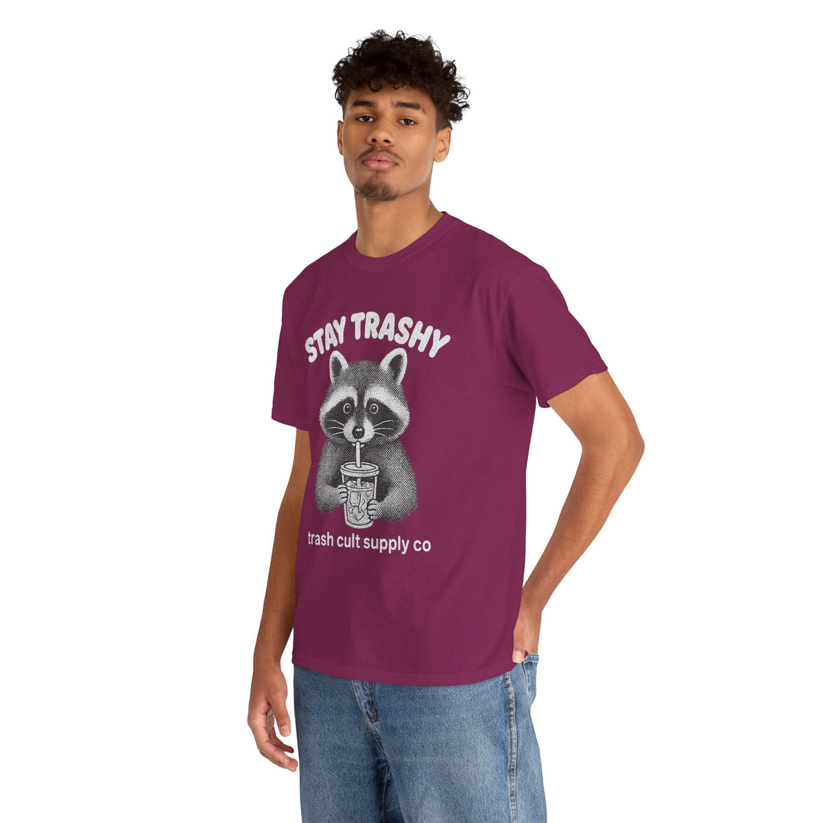 Stay Trashy Raccoon Iced Coffee Shirt – Halftone All White Design | Trash Cult Supply Co.