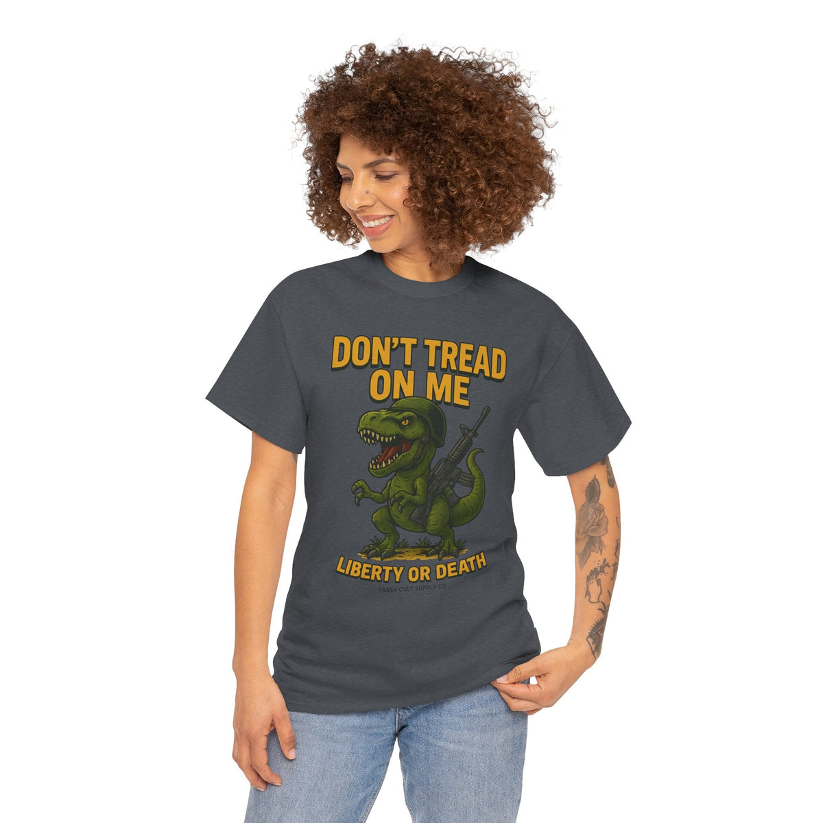 Don’t Tread On Me T-Rex T-Shirt – Liberty or Death Graphic | Trash Cult Supply Co. | Gildan 5000 Heavy Cotton