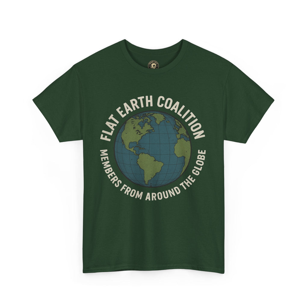 Flat Earth Coalition Funny Globe Parody Shirt – “Members From Around the Globe” Tee – Satirical Conspiracy Theory Humor Tee