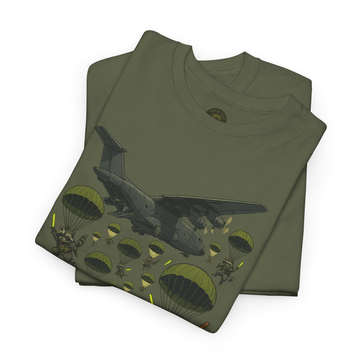 Deploy the Ferals T-Shirt – Airborne Raccoon Drop Graphic | Trash Cult Supply Co. | Gildan 5000 Heavy Cotton Tee