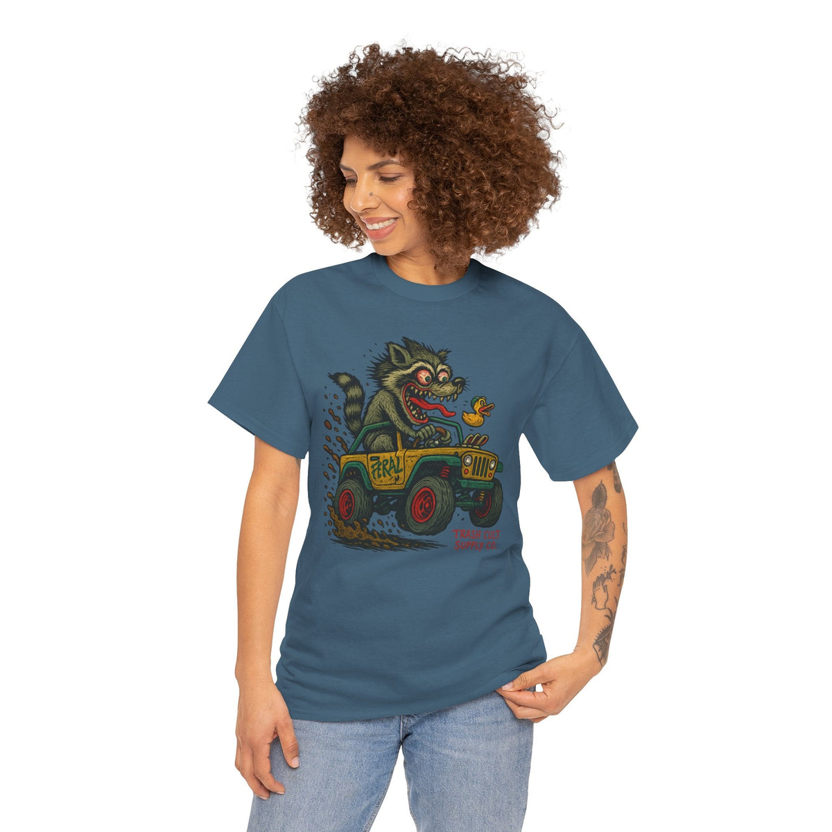 Feral Jeep Raccoon Shirt – Ed Roth Style Off-Road Chaos | Trash Cult Supply Co | Gildan 5000 Tee
