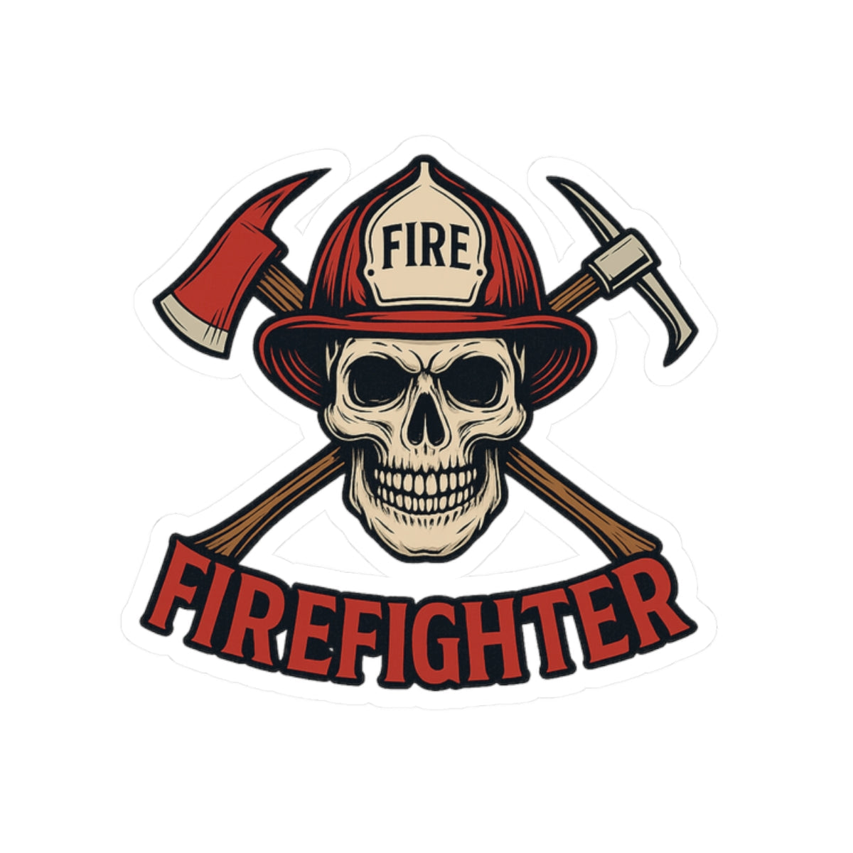 Badass Firefighter Skull Sticker – Fire Helmet & Axe | Red & Black First Responder Decal