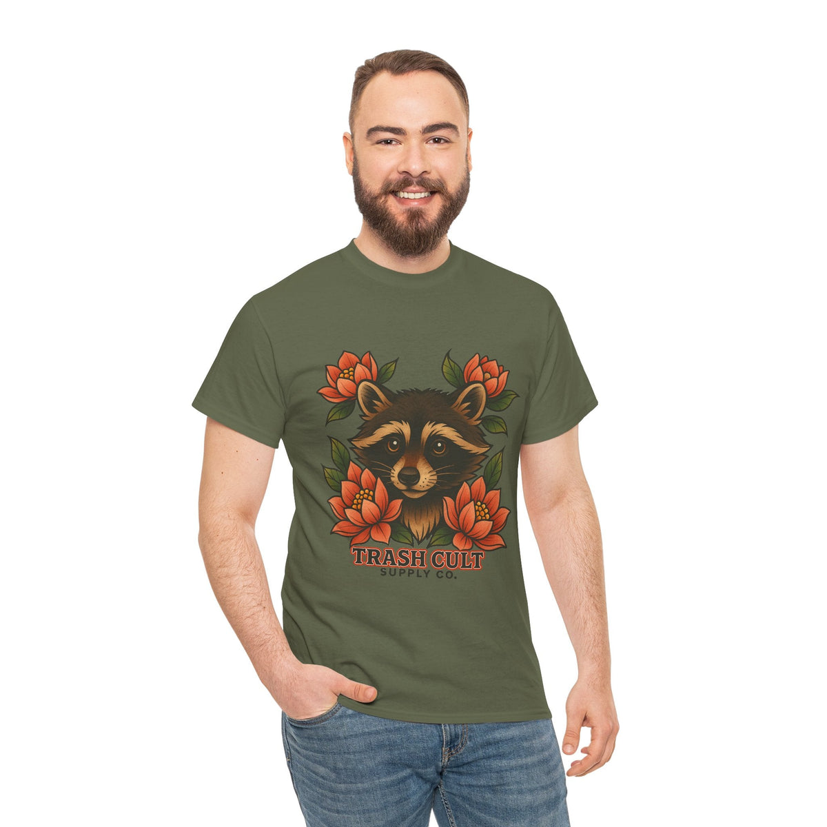 Neo-Traditional Raccoon & Lotus Tattoo Shirt – Trash Cult Supply Co. – Gildan 5000