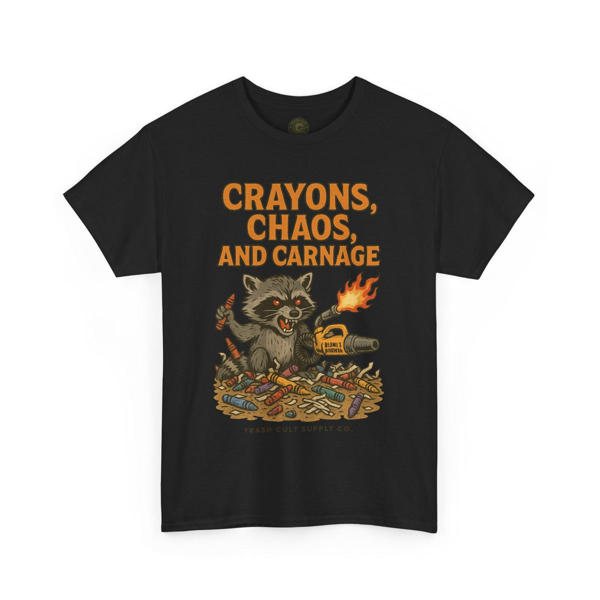Crayons, Chaos, and Carnage T-Shirt – Dark Humor Raccoon Graphic | Trash Cult Supply Co. | Gildan 5000 Tee
