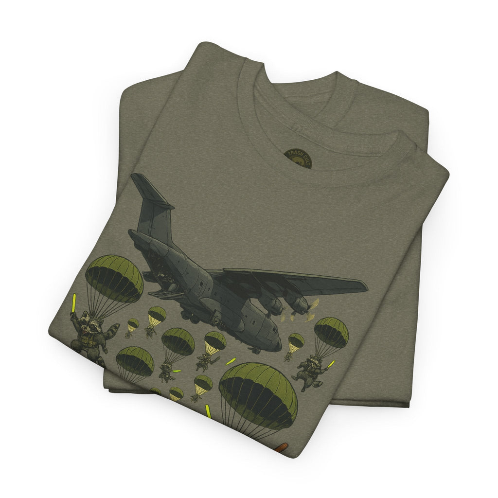 Deploy the Ferals T-Shirt – Airborne Raccoon Drop Graphic | Trash Cult Supply Co. | Gildan 5000 Heavy Cotton Tee