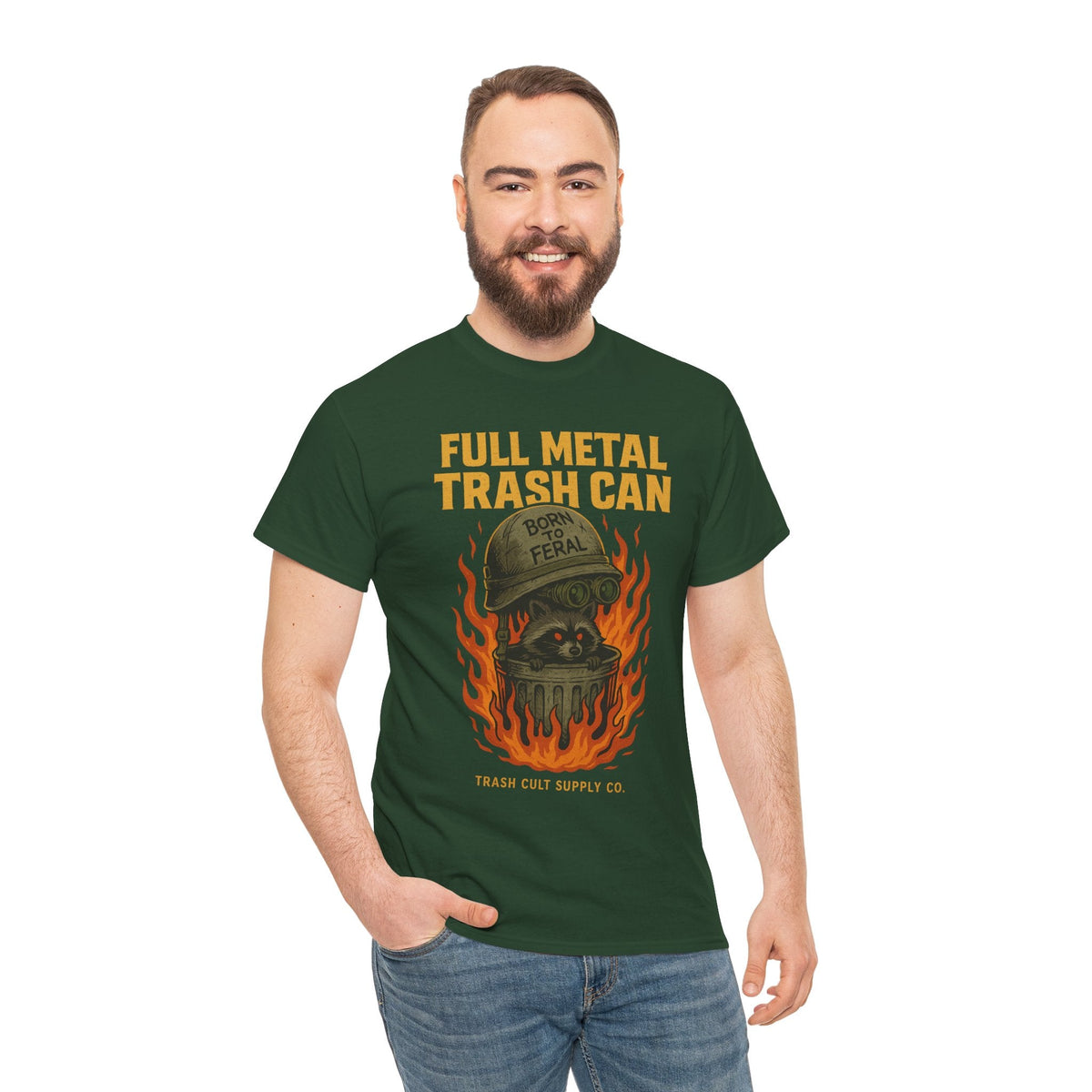 Full Metal Trash Can T-Shirt – Born to Feral Raccoon Graphic | Trash Cult Supply Co. | Gildan 5000 Tee