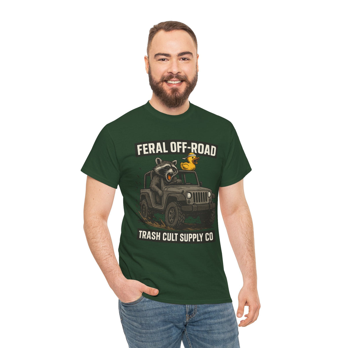 Feral Off-Road Raccoon Jeep Shirt – Mud Slinging Chaos | Trash Cult Supply Co | Gildan 5000 Tee