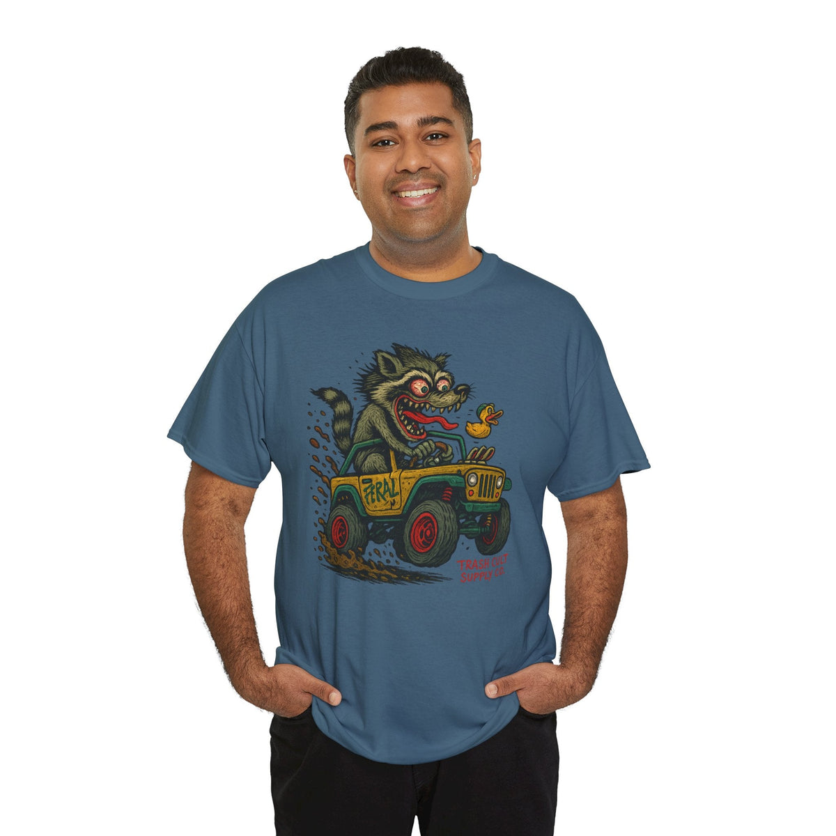 Feral Jeep Raccoon Shirt – Ed Roth Style Off-Road Chaos | Trash Cult Supply Co | Gildan 5000 Tee