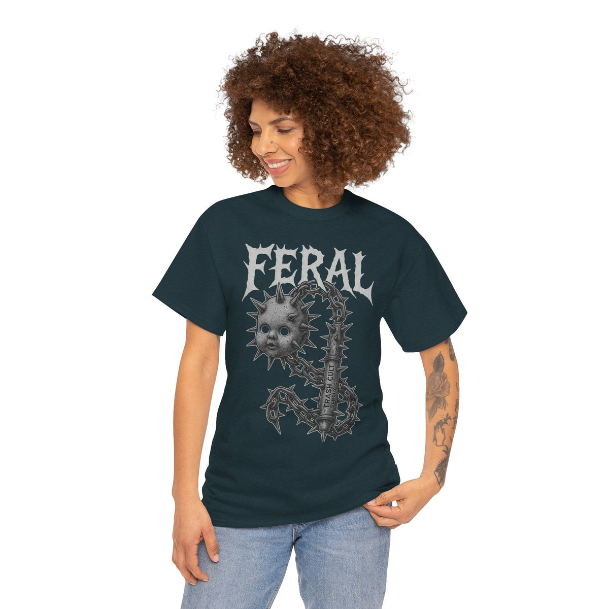 FERAL Spiked Doll Flail Tee – Halftone Gothic Weapon Shirt | Trash Cult Supply Co. | Gildan 5000