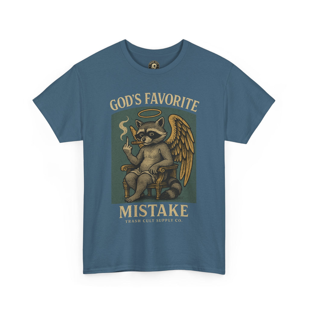 God’s Favorite Mistake Shirt – Raccoon Angel Flipping the Bird by Trash Cult Supply Co.