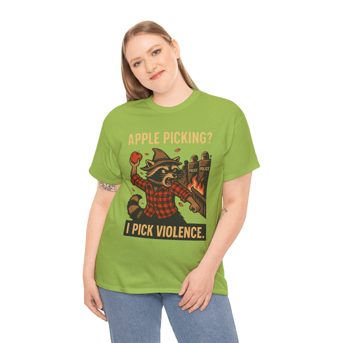 Apple Picking? I Pick Violence Shirt – Angry Raccoon Riot Tee – Fall of Humanity Collection – Trash Cult Supply Co.