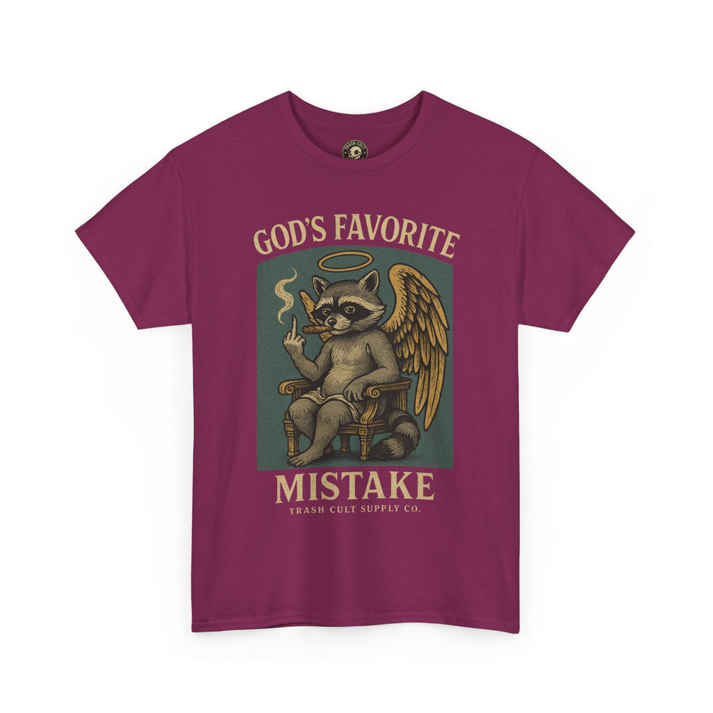 God’s Favorite Mistake Shirt – Raccoon Angel Flipping the Bird by Trash Cult Supply Co.