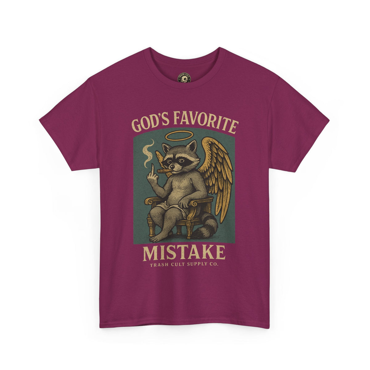 God’s Favorite Mistake Shirt – Raccoon Angel Flipping the Bird by Trash Cult Supply Co.
