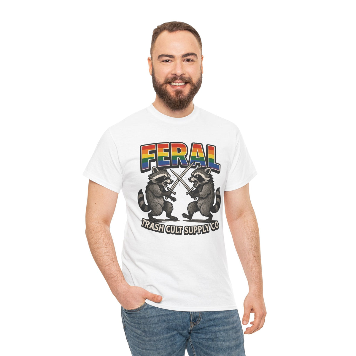 FERAL Rainbow Raccoon Sword Fighting Graphic Tee – Gildan 5000 Heavy Cotton
