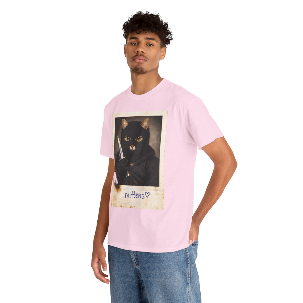 Cat With Knife Tee — "Mittens" Dark Humor Vintage Polaroid Graphic T-Shirt