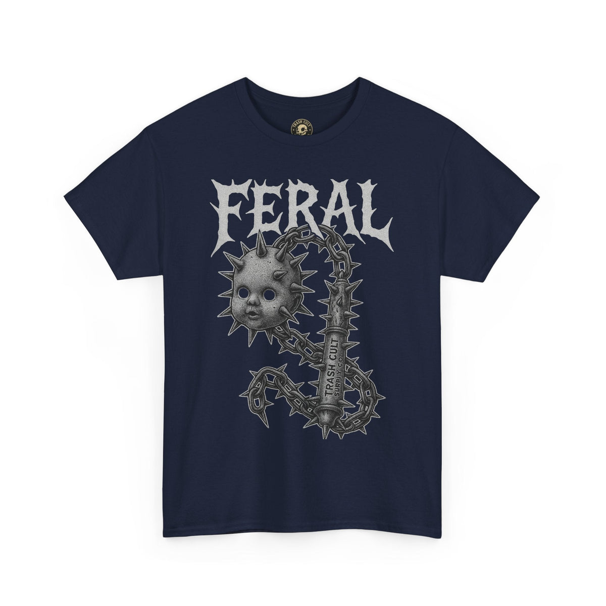 FERAL Spiked Doll Flail Tee – Halftone Gothic Weapon Shirt | Trash Cult Supply Co. | Gildan 5000
