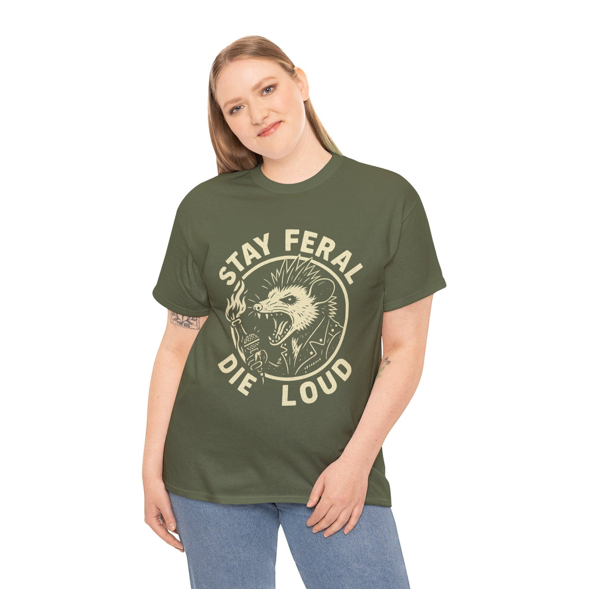 Stay Feral Die Loud Possum Punk Shirt – Trash Cult Supply Co – Gildan 5000 T-Shirt