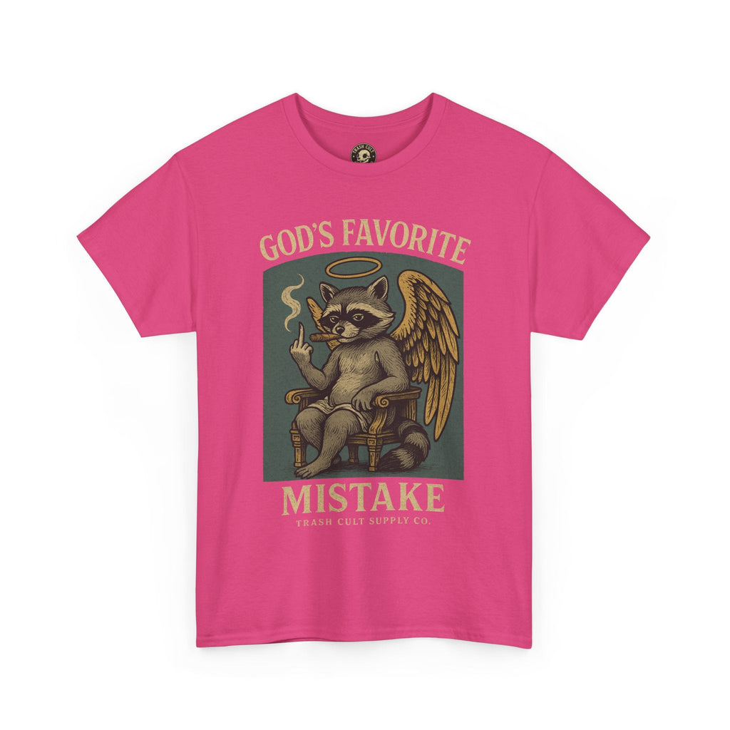 God’s Favorite Mistake Shirt – Raccoon Angel Flipping the Bird by Trash Cult Supply Co.