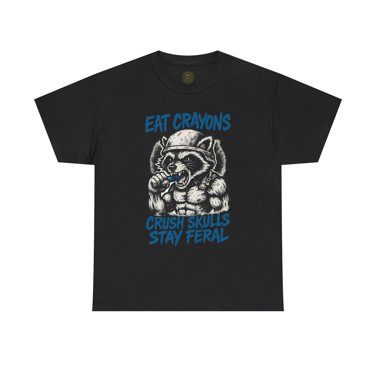 Eat Crayons Crush Skulls Stay Feral Military Raccoon Shirt – Gildan 5000