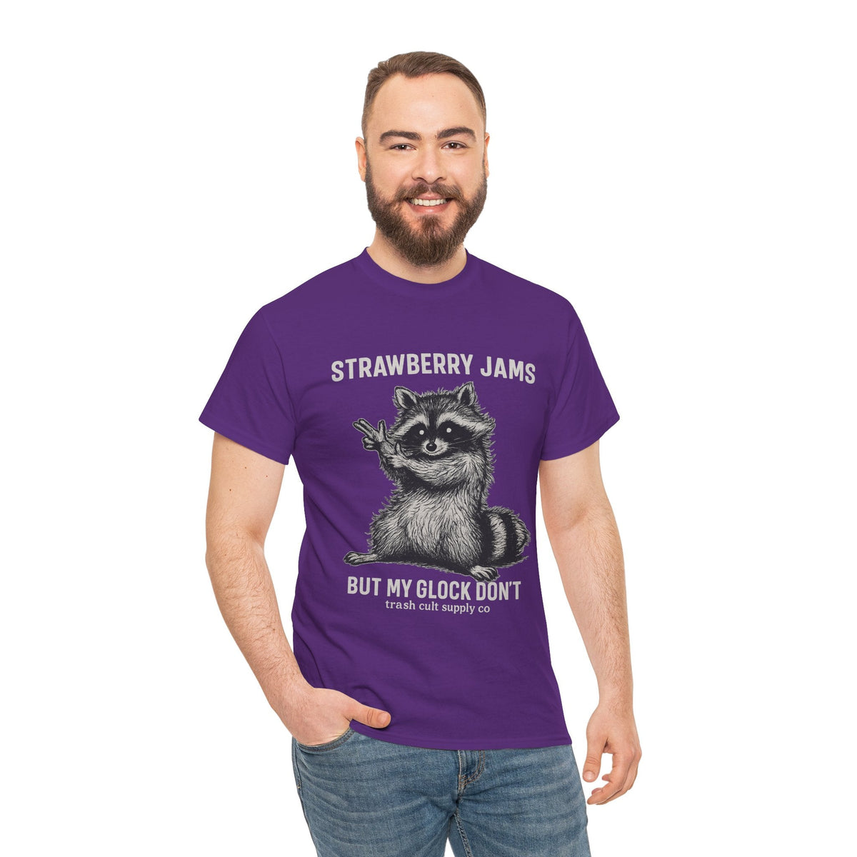 Strawberry Jams But My Glock Don’t Raccoon Shirt – Trash Cult Supply Co. Gildan 5000 Tee