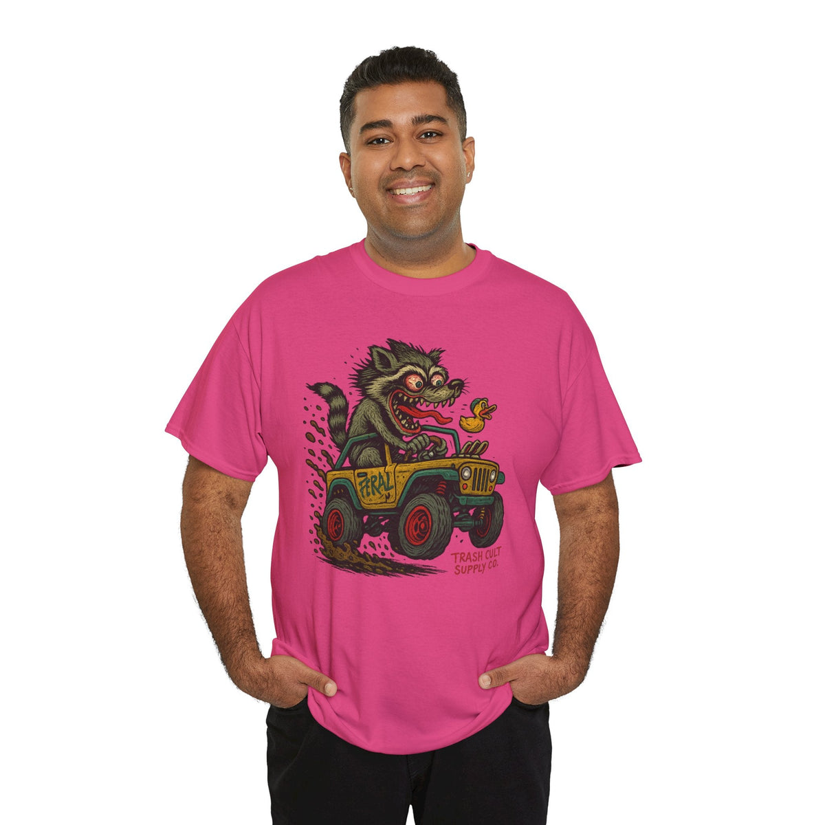 Feral Jeep Raccoon Shirt – Ed Roth Style Off-Road Chaos | Trash Cult Supply Co | Gildan 5000 Tee