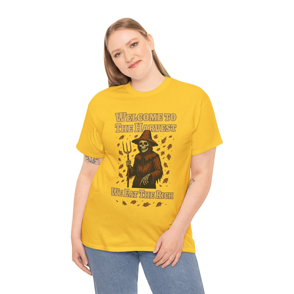 Eat the Rich Shirt – Welcome to the Harvest Skeleton Scarecrow Tee – Fall of Humanity Collection – Trash Cult Supply Co.