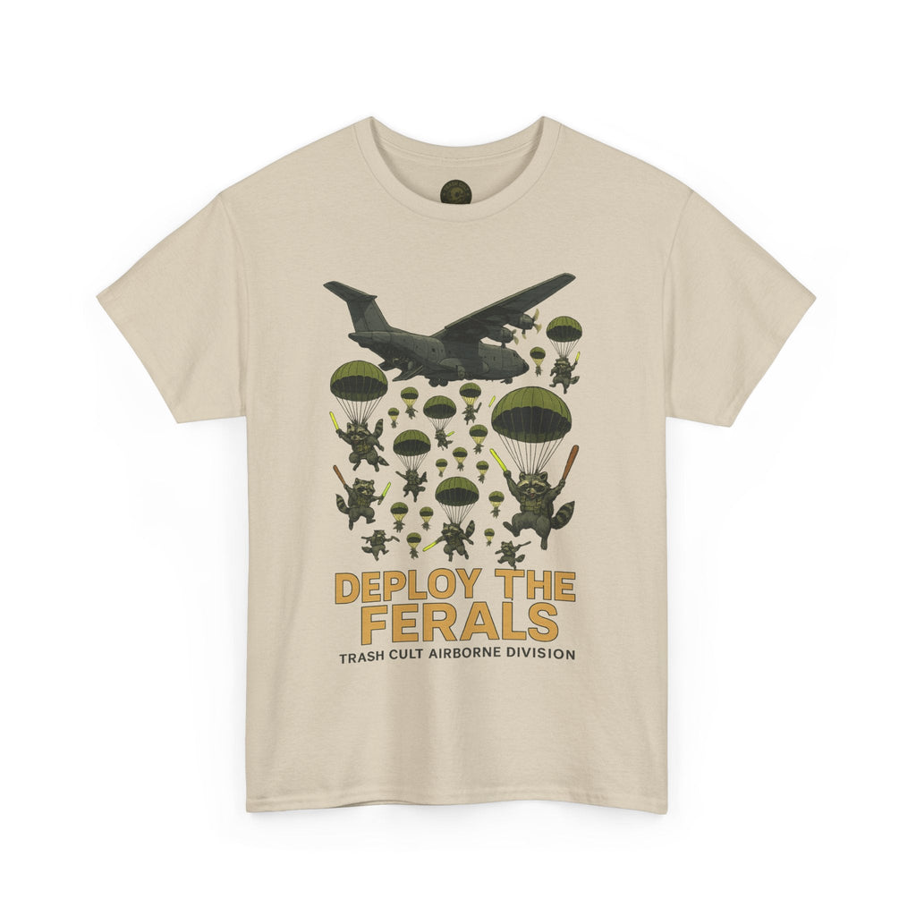 Deploy the Ferals T-Shirt – Airborne Raccoon Drop Graphic | Trash Cult Supply Co. | Gildan 5000 Heavy Cotton Tee