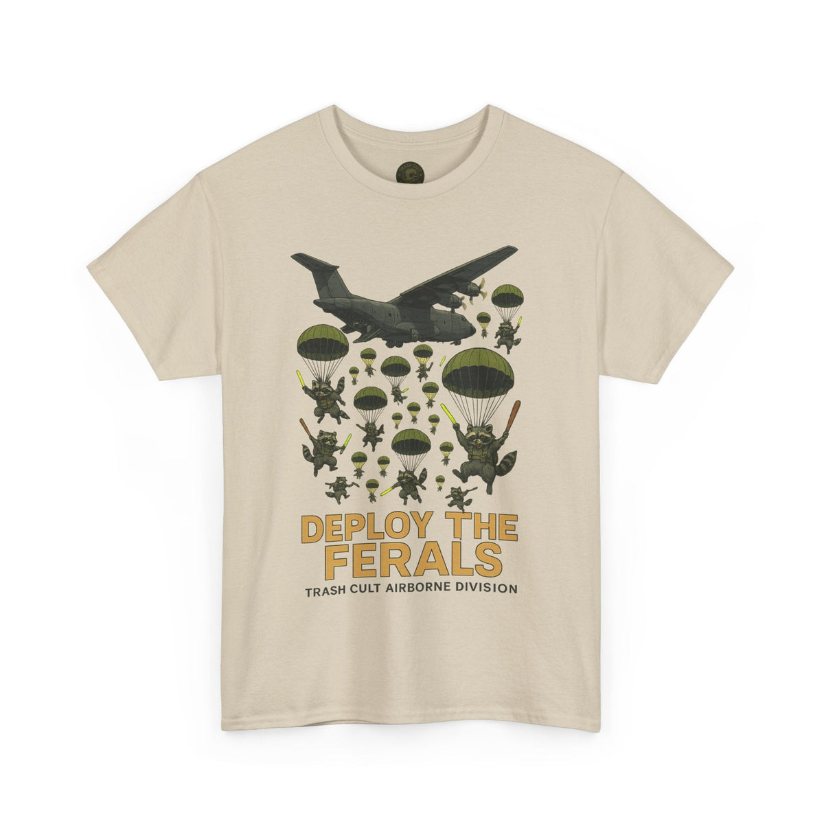 Deploy the Ferals T-Shirt – Airborne Raccoon Drop Graphic | Trash Cult Supply Co. | Gildan 5000 Heavy Cotton Tee