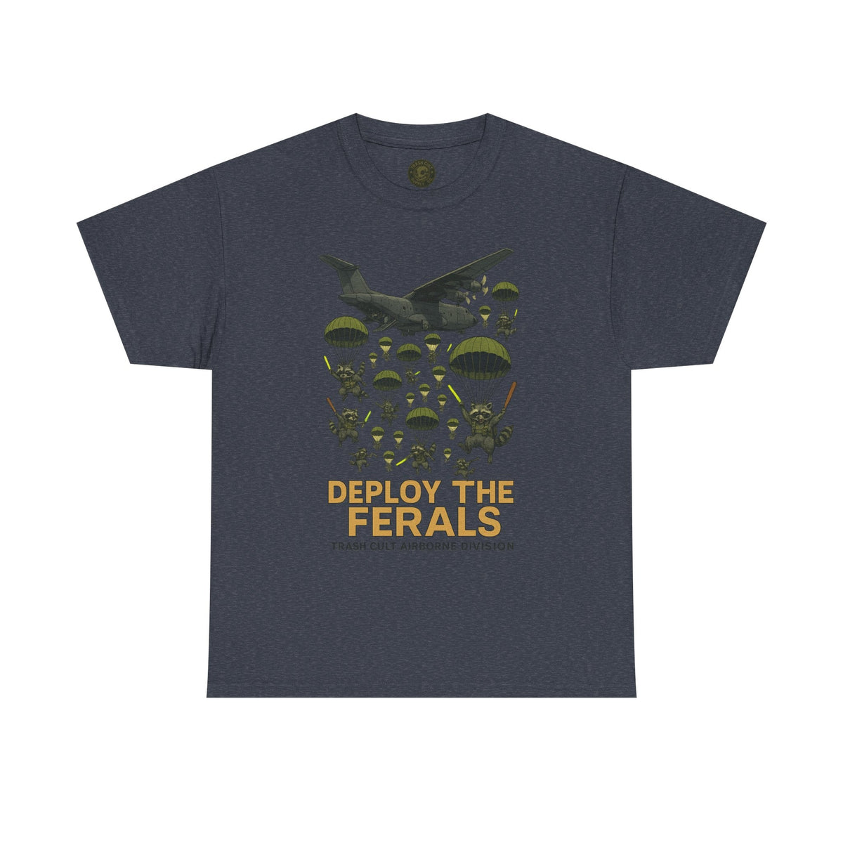 Deploy the Ferals T-Shirt – Airborne Raccoon Drop Graphic | Trash Cult Supply Co. | Gildan 5000 Heavy Cotton Tee