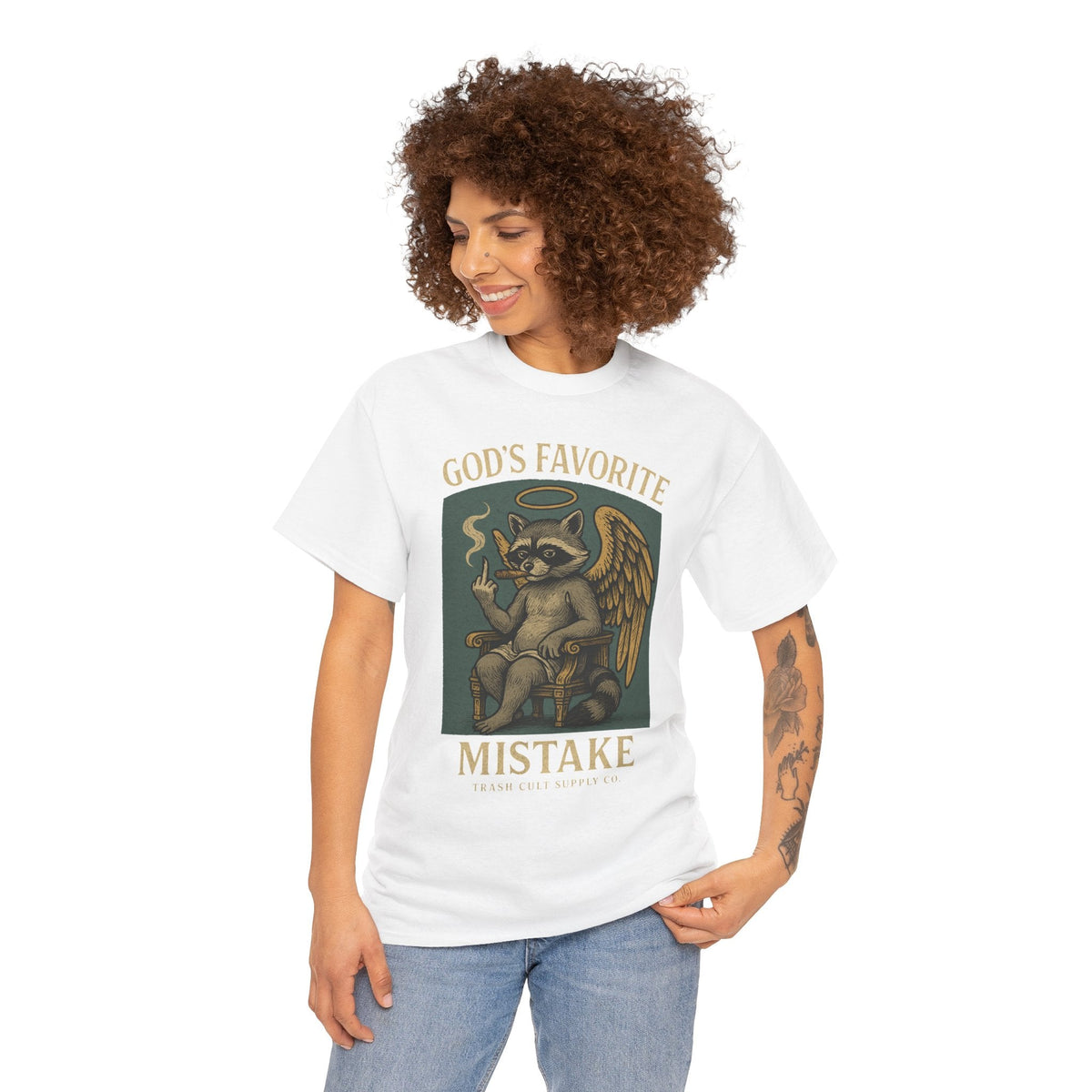 God’s Favorite Mistake Shirt – Raccoon Angel Flipping the Bird by Trash Cult Supply Co.